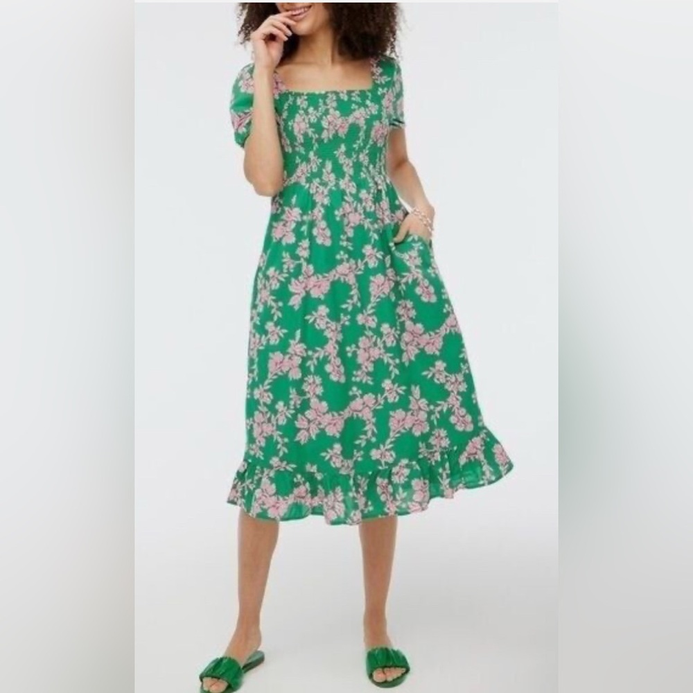 J. Crew Size Large Smocked Midi Dress with Puff Sleeves
